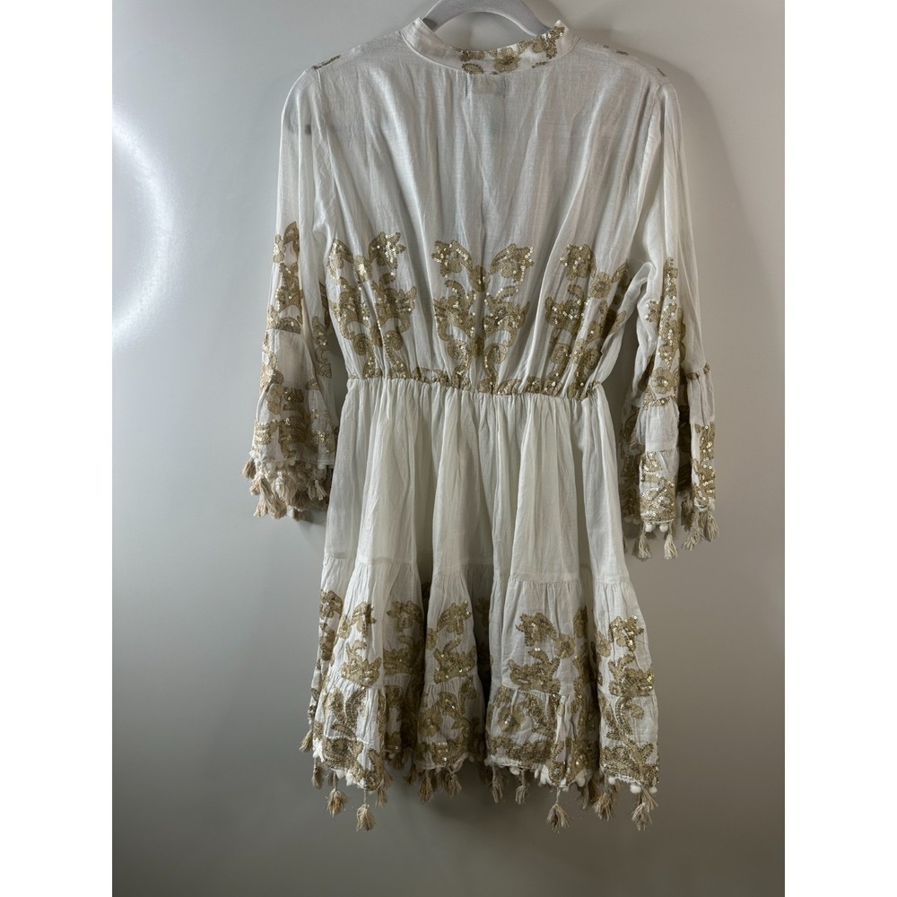 NWT Antica Sartoria Dress One Size White Gold Sequin Tassel Boho Beach Cotton - Picture 11 of 14